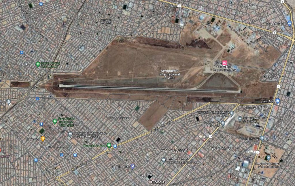 El aeropuerto El Alto, en Bolivia, está a 4064 metros sobre el nivel del mar, con una pista de 4.000 metros de longitud y amplias zonas de seguridad al final de ambas cabeceras.