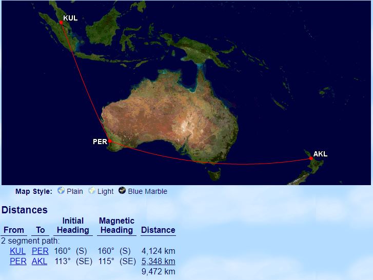 Ruta de vuelo entre Kuala Lumpur, Perth y Auckland.