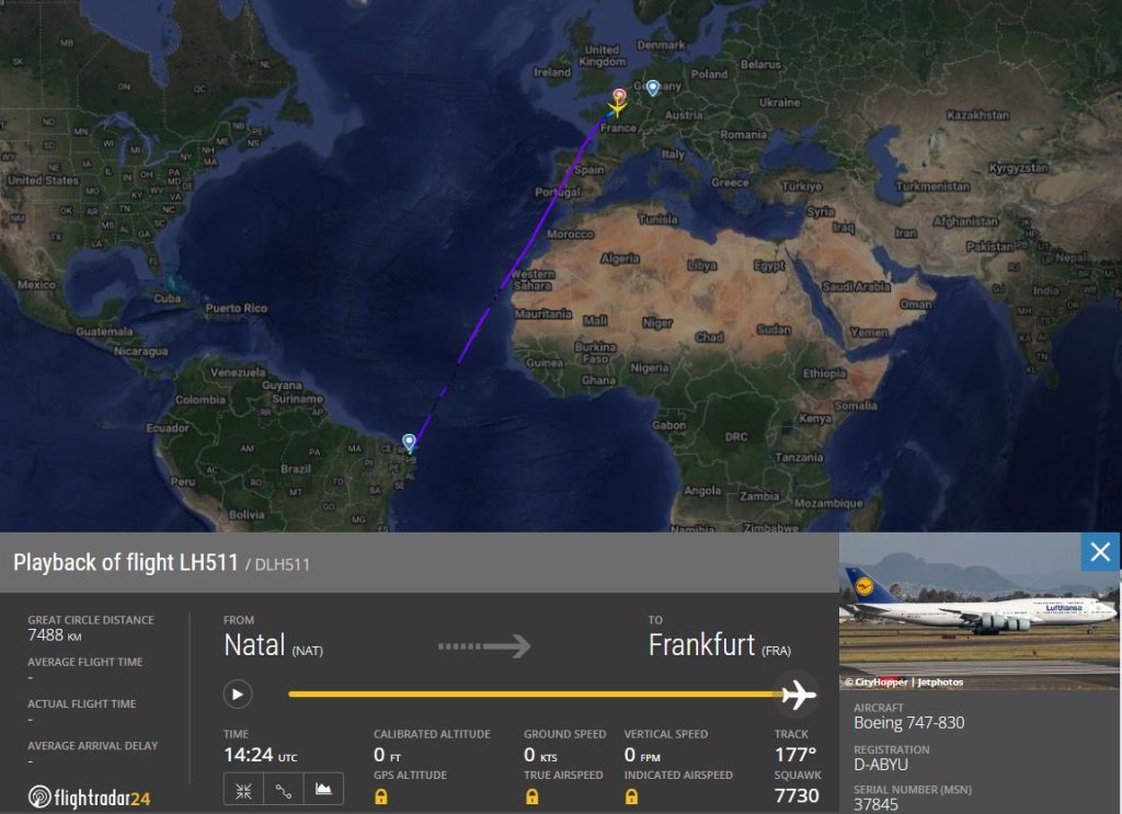 Segundo tramo del vuelo LH511 con el B747 D-ABYU. Foto: FlightRadar24