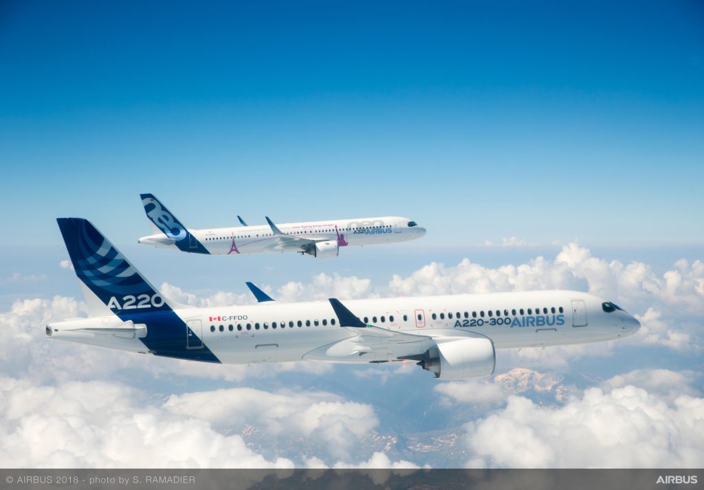 A220 y A321 en vuelo. Foto: Airbus