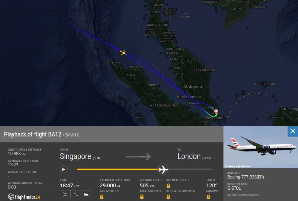 Ruta de vuelo del B777 de British Airways. El vuelo BA12 puede ser consultado en este enlace.