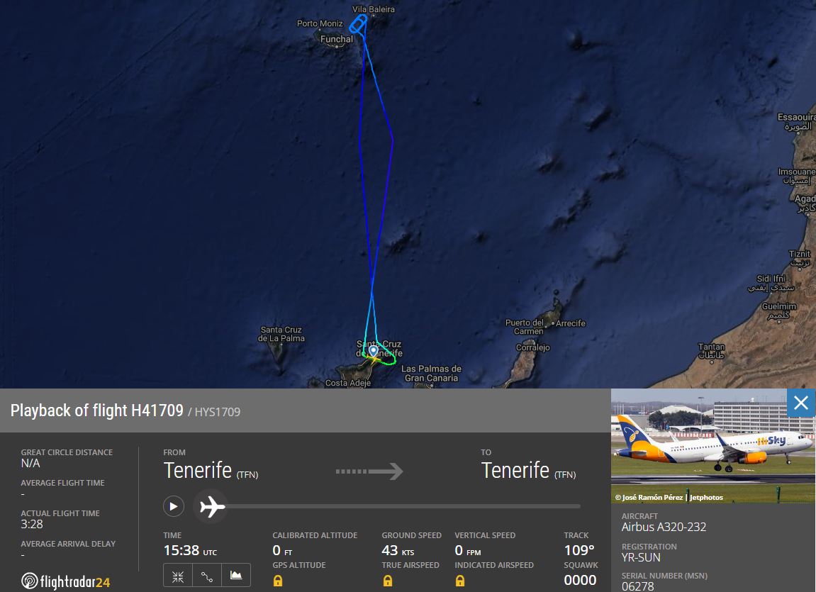 Despegue por la tarde y esperas del A320 al noreste de Madeira 