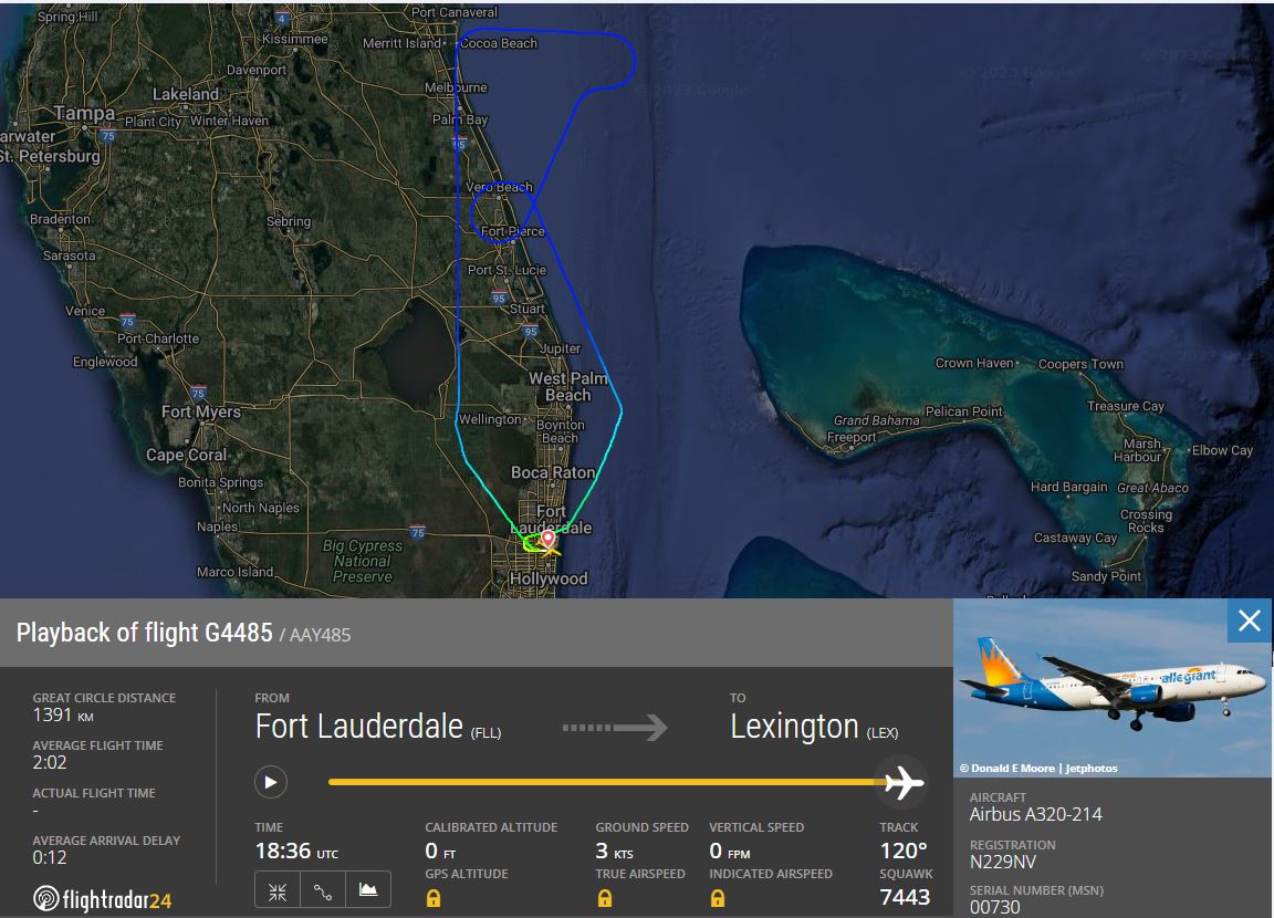 Ruta de vuelo del Airbus A320 de Allegiant Air. Foto: FlightRadar24