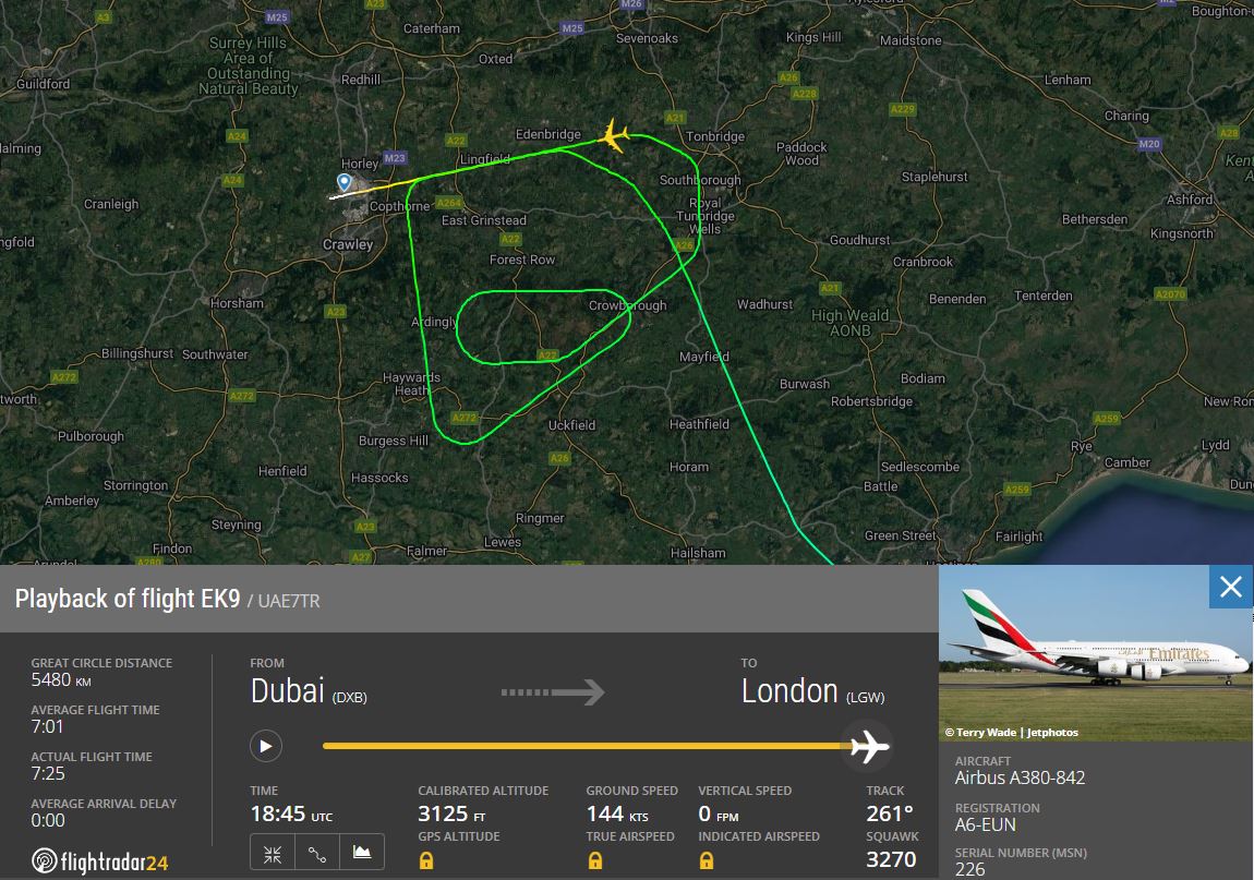 Primera y segunda aproximación del A380 al aeropuerto de Gatwick
