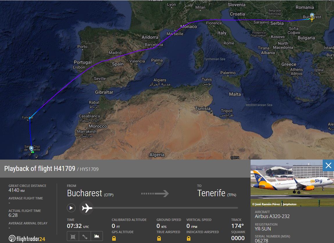 Primera ruta del A320, desde Rumanía a Funchal con una duración aproximada de 5 horas y el posterior desvío a Tenerife Norte.