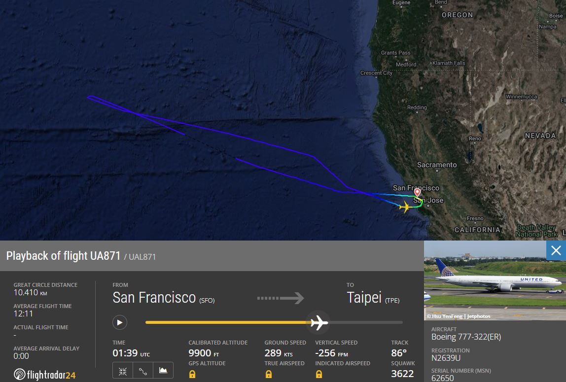 Ruta de vuelo y desvío a SFO.