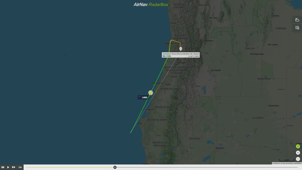 Ruta de vuelo del B787 de LATAM, ya volviendo a Santiago de Chile después de detectar el problema.