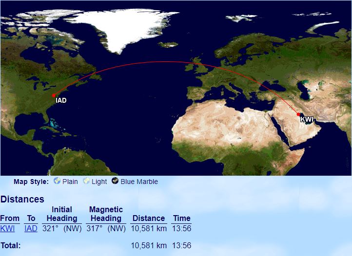 Ruta del vuelo de Kuwait Airways operada por el A330-800