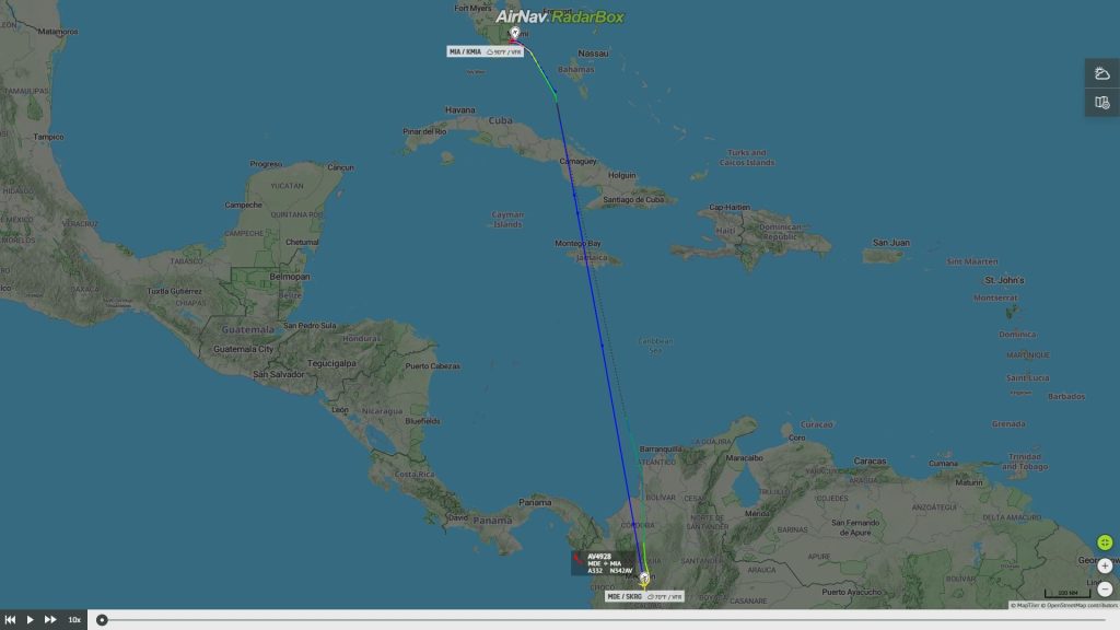 Ruta entre Medellín y Miami. Foto: RadarBox