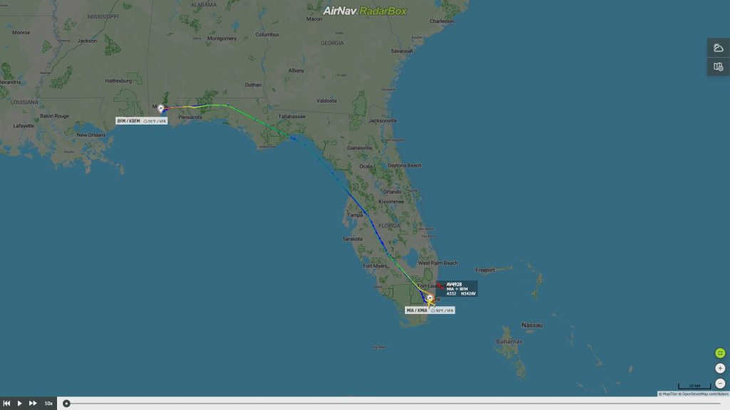 Ruta entre Miami y Mobile. Foto: RadarBox