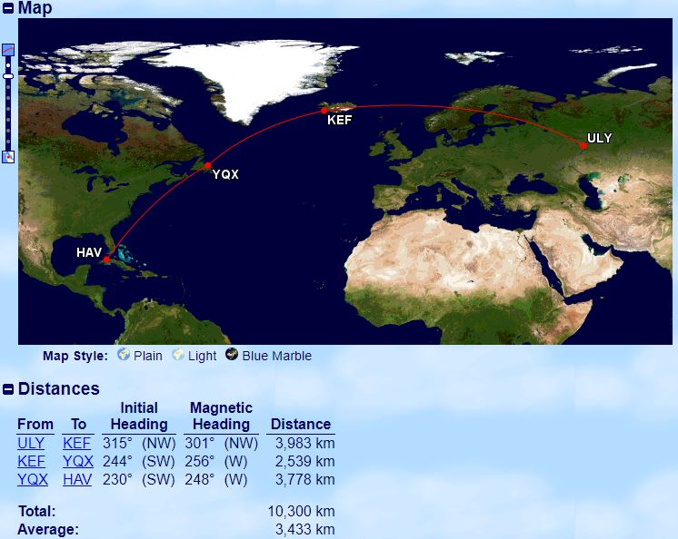 Ruta de vuelo del TU-204 de Cubana