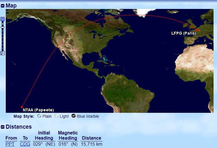 Ruta del vuelo entre Papeete y París. Foto: Great Circle Mapper