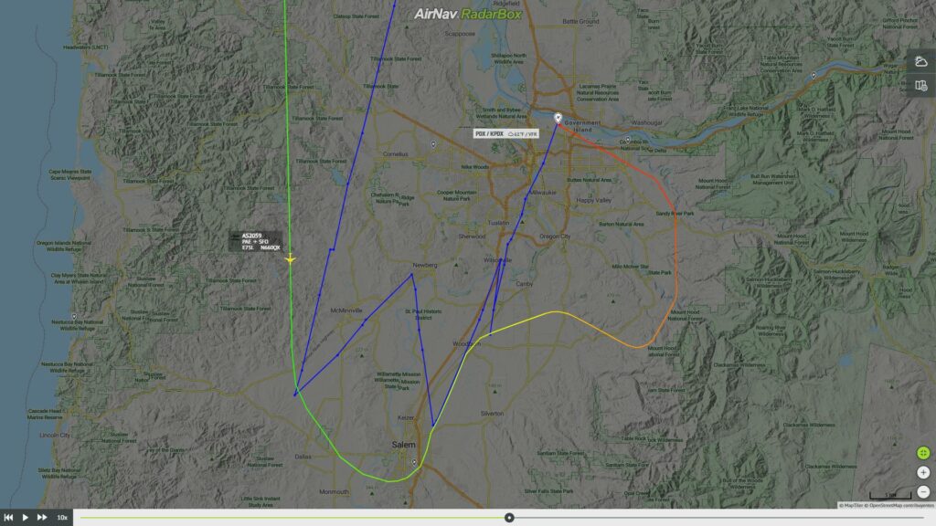 Ruta de vuelo durante su desvío a Portland