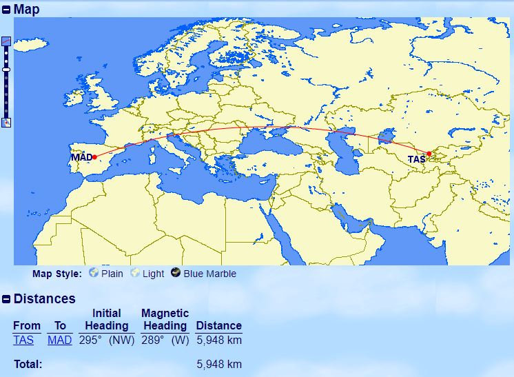 Distancia y ruta de vuelo. Foto: Great Circle Mapper