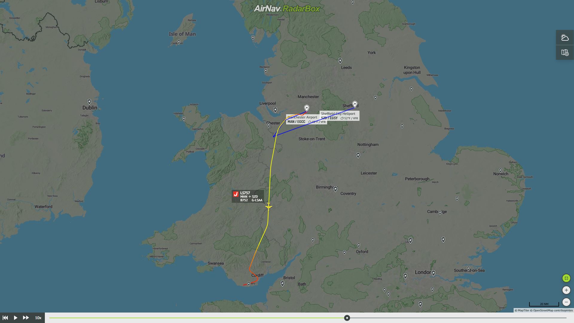 Ruta del último vuelo del 757 G-LSAA de Jet2. Foto: RadarBox