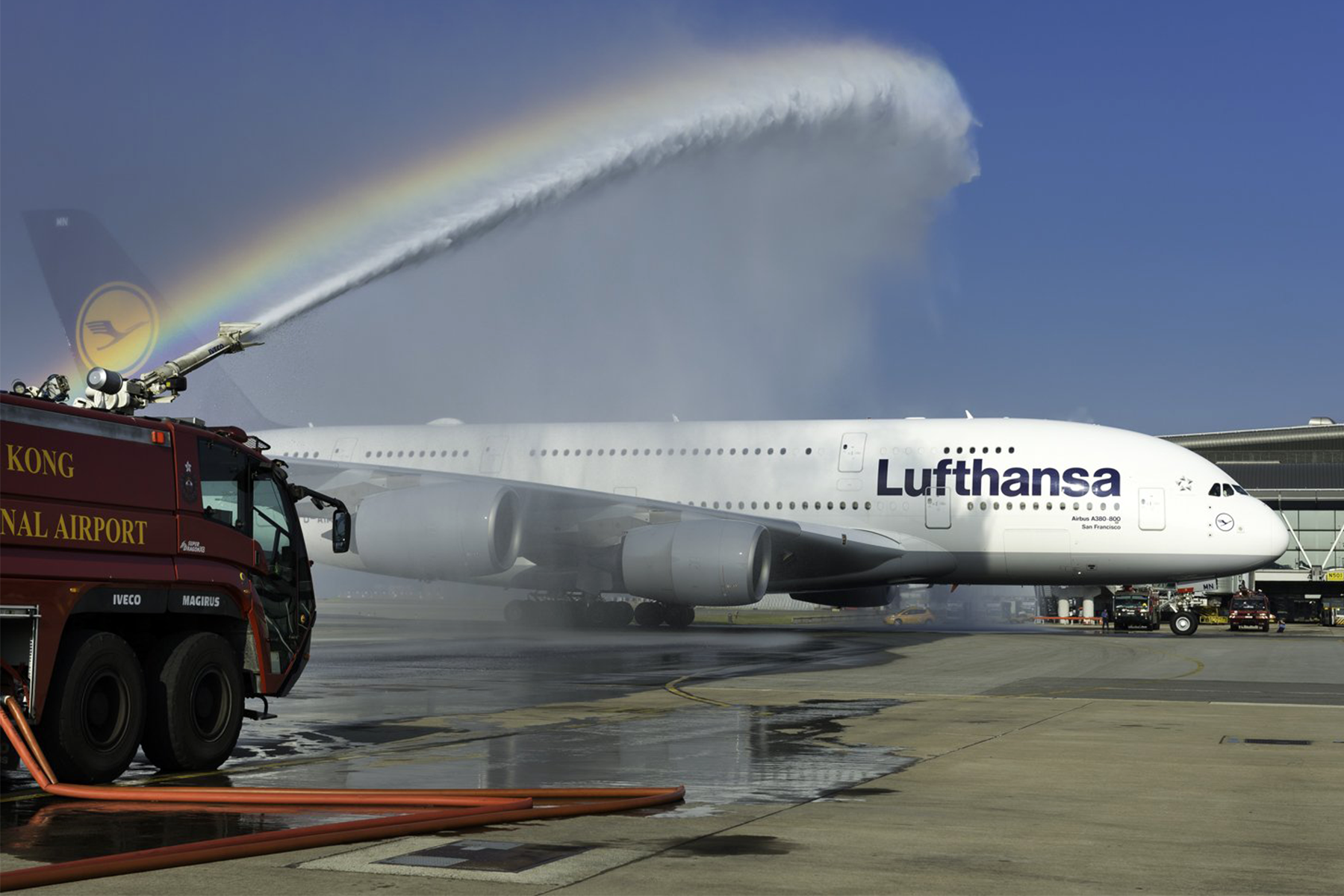 Foto de la primera llegada del A380 de Lufthansa al aeropuerto de Hong Kong en 2015. Foto: Airbus