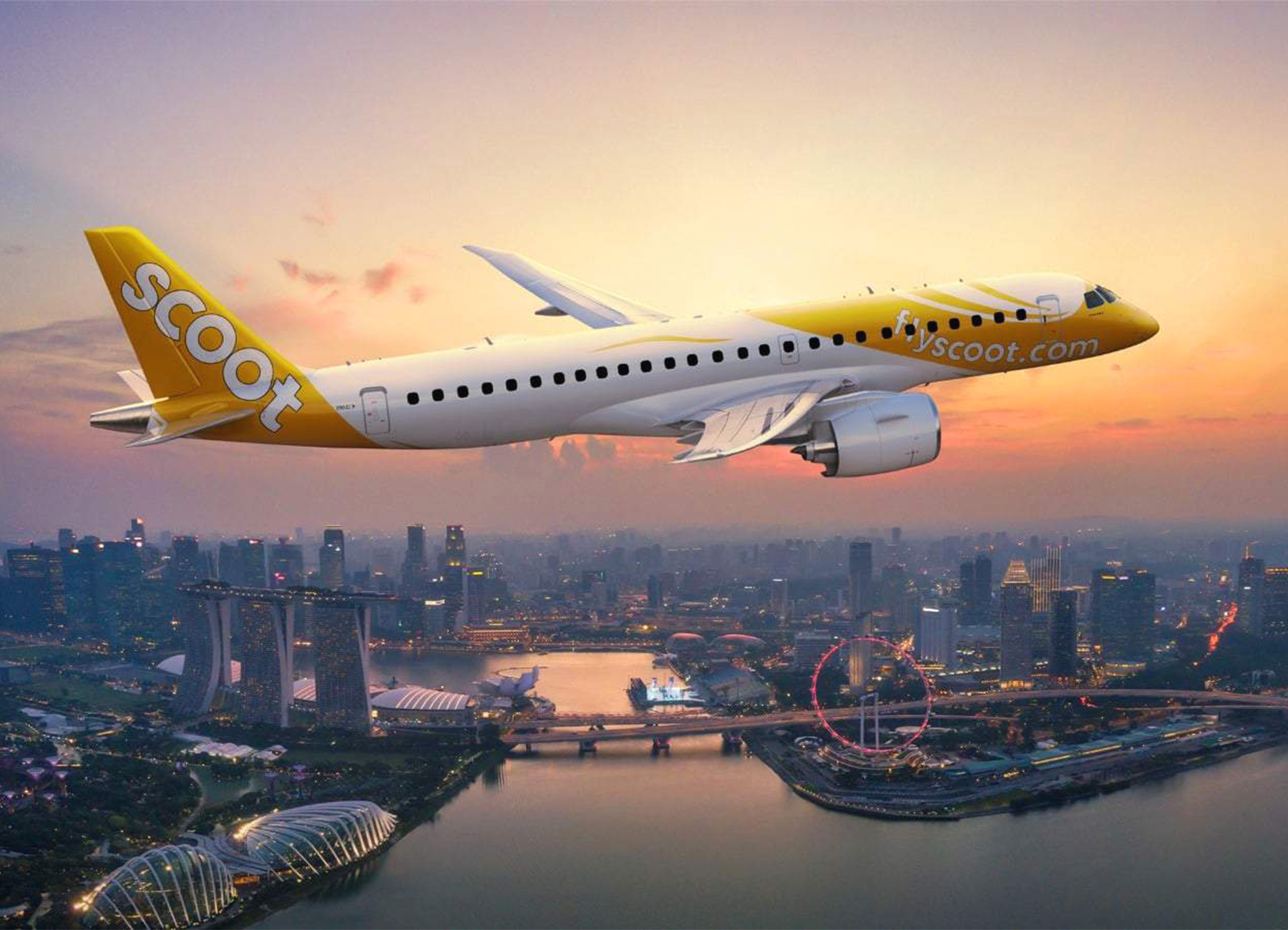 Recreación de un Embraer E190-E2 de Scoot volando sobre Singapur. Foto: Embraer.