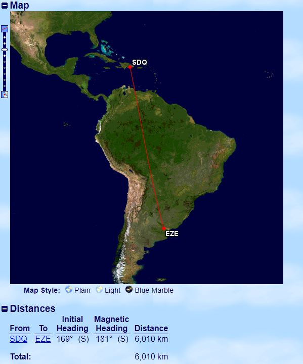 Ruta de vuelo entre Santo Domingo y Buenos Aires (Ezeiza). Foto: Great Circle Mapper