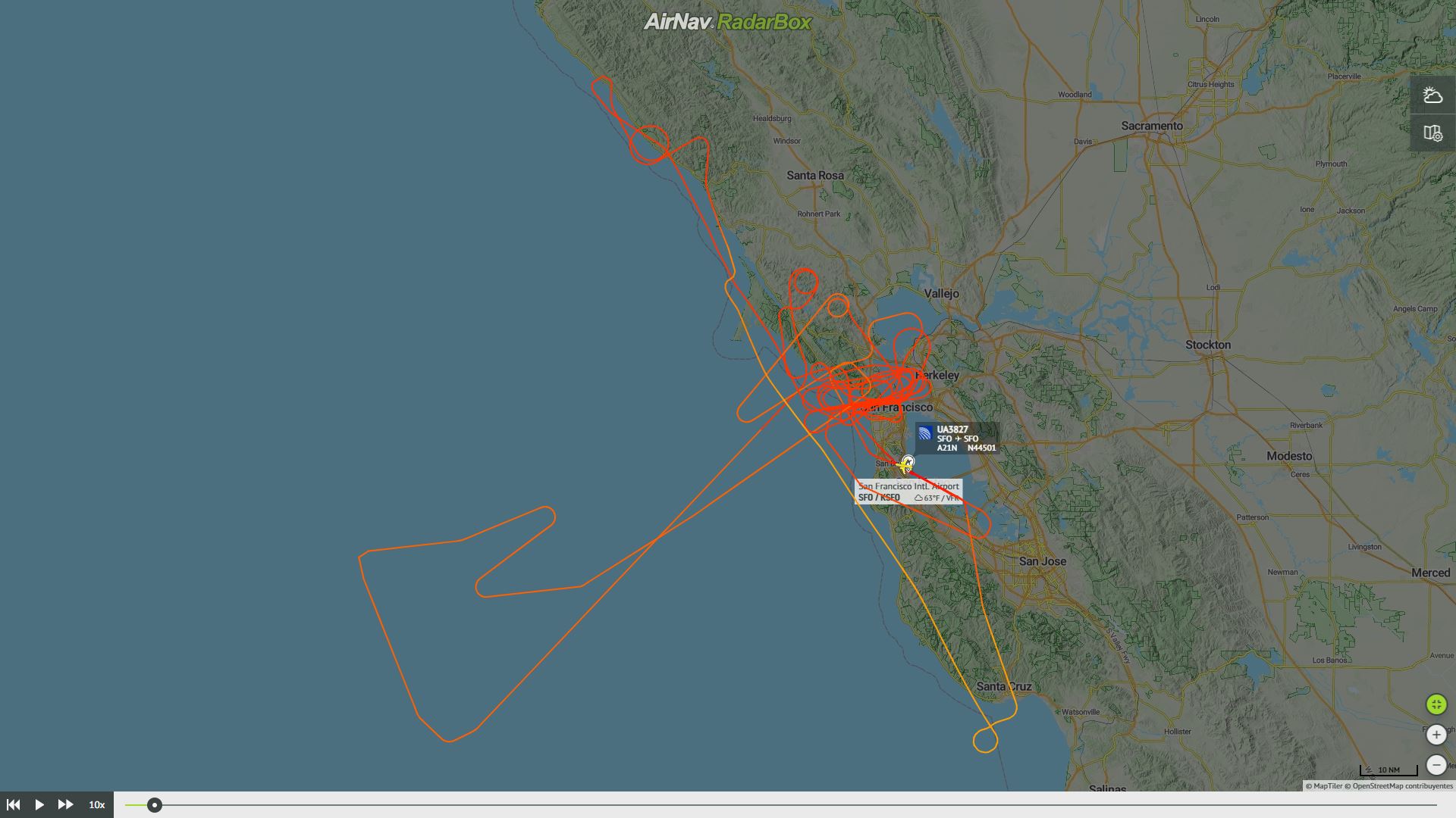 Ruta de vuelo del Airbus A321NEO de United sobre San Francisco. Foto: RadarBox