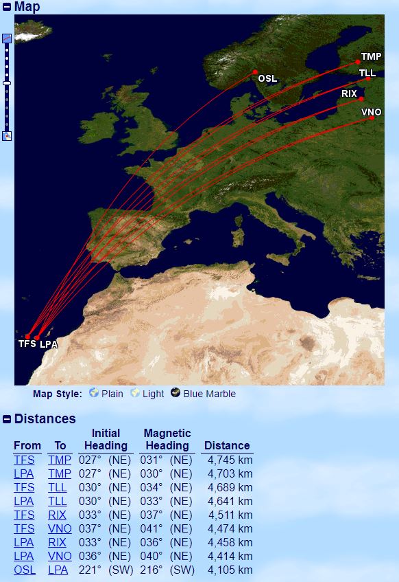 9 de las 10 rutas más largas del mundo operadas con un A220 tienen como origen o destino España. Foto: Great Circle Mapper.