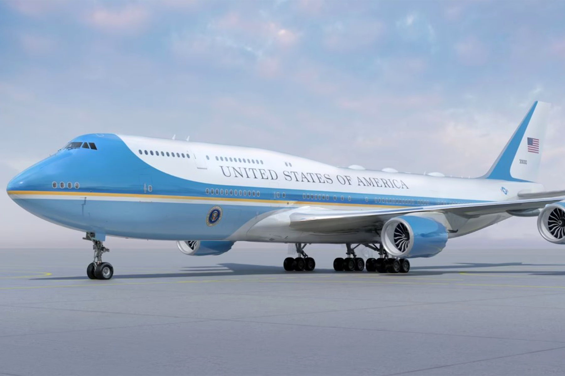 Recreación sobre el aspecto futuro de los VC-25B que se convertirán en los nuevos aviones presidenciales de la USAF basados en el Boeing 747-8I