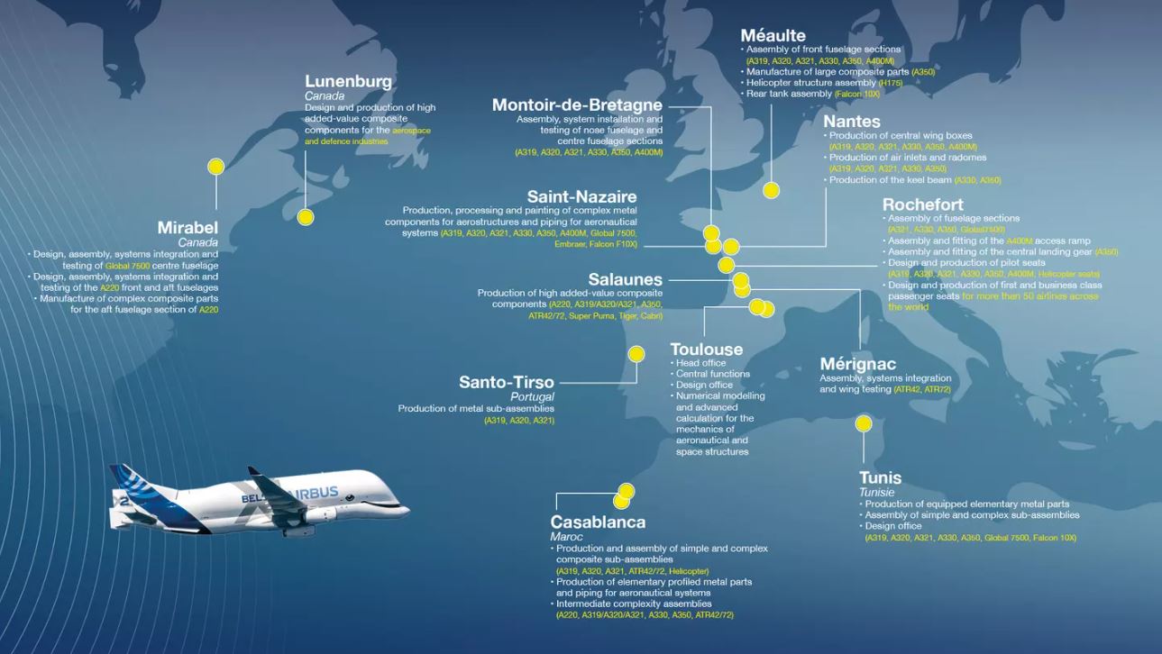 Distribución de Airbus Atlantic y las competencias de cada sede. Infografía: Airbus