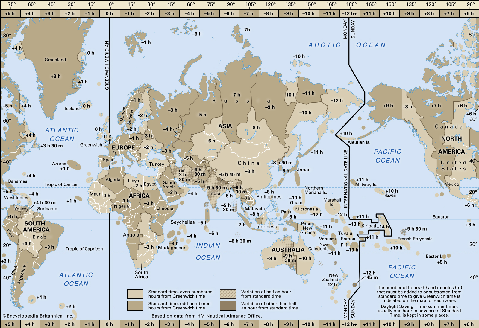 Este es el aspecto del meridiano 0 y el meridiano 180, donde se cambia de día y de fecha. Mapa: Encyclopædia Britannica, Inc.