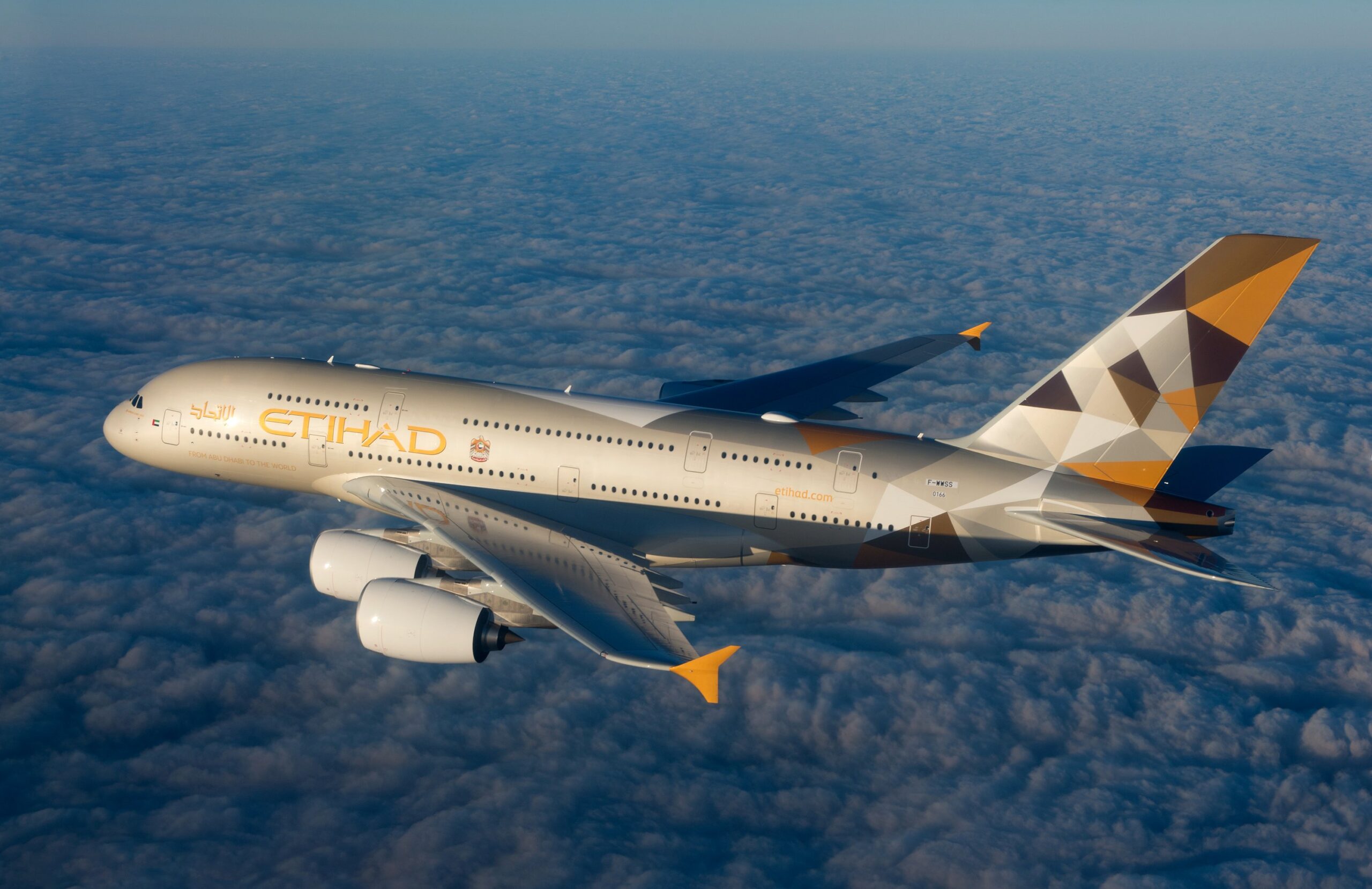 El primer Airbus A380 de Etihad Airways cuando estaba realizando los vuelos de prueba. Más tarde sería matriculado como A6-APA. Foto: Airbus / Etihad