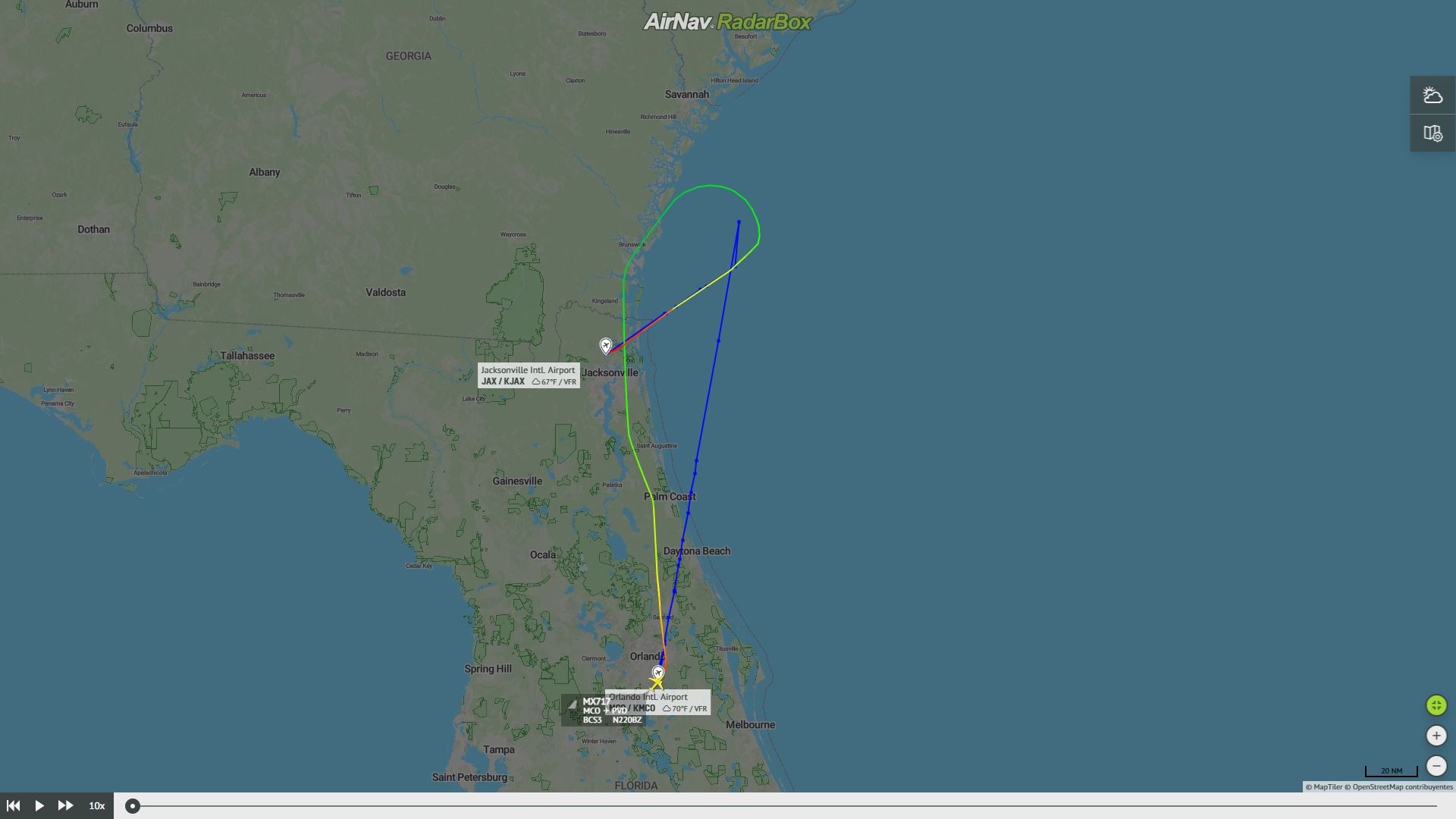 Ruta del vuelo y desvío del A220 de Breeze Airways. Foto: RadarBox