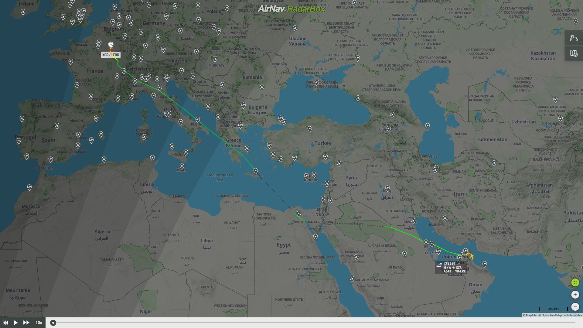 Ruta del vuelo desde Fujaira hasta el aeropuerto de Vatry