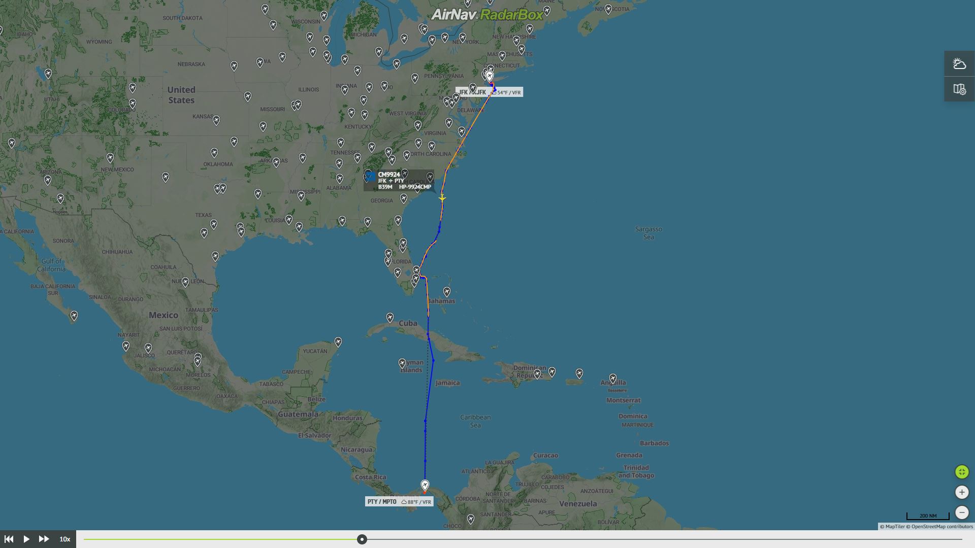 Ruta del vuelo CM9924 del 13 de enero entre Nueva York y Panamá. Foto: Radar Box.