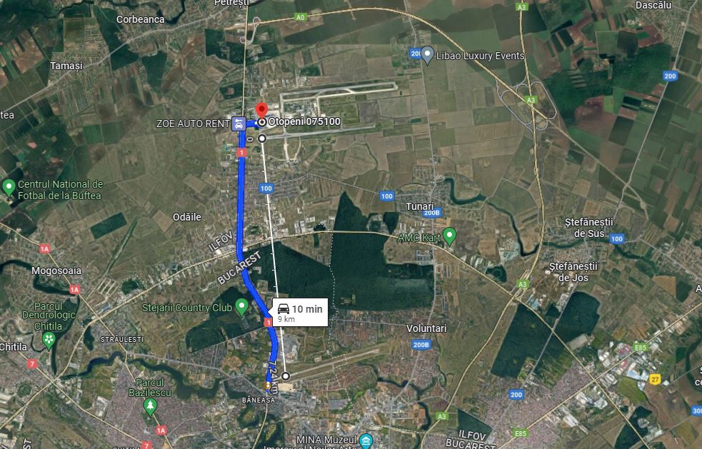 Distancia en coche (línea azul) y en línea recta entre el aeropuerto Baneasa y el aeropuerto Otopeni, ambos en Bucarest. Foto: Google Maps