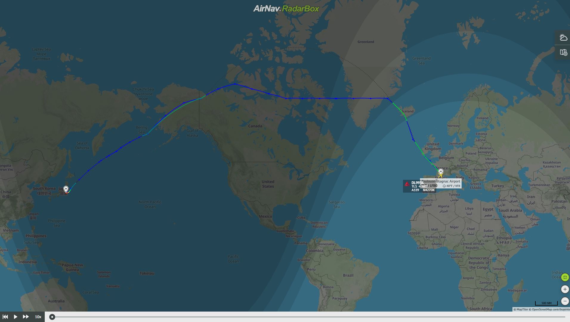 Ruta del vuelo de entrega del nuevo A330-900 de Delta. Foto: RadarBox