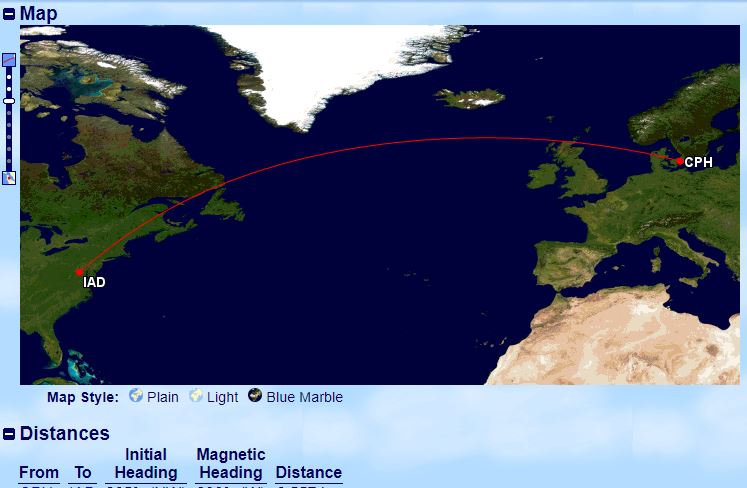 Ruta que recorre el A321LR de SAS. Foto: Great Circle Mapper