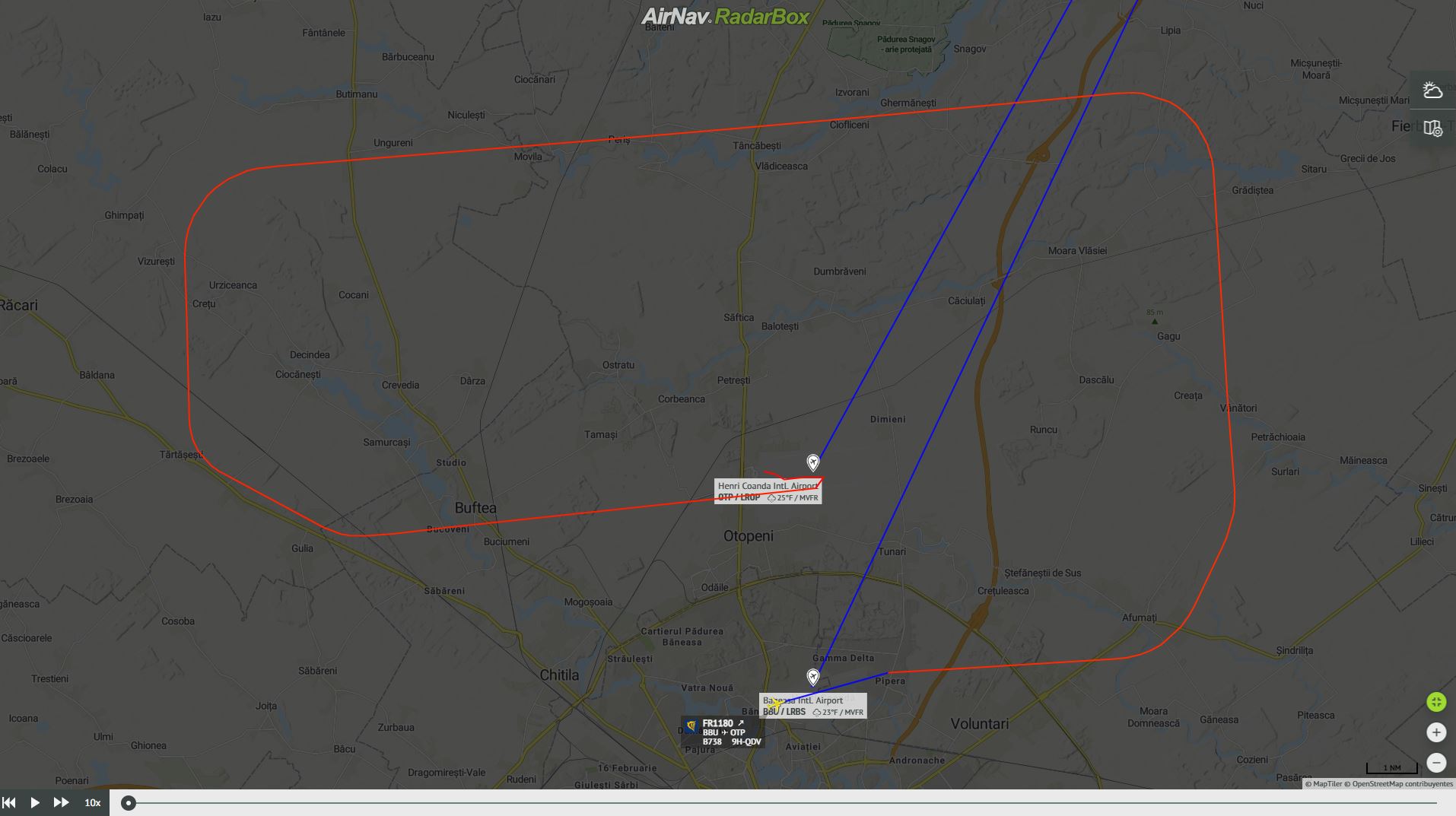 Esta ha sido la corta ruta del vuelo de Ryanair entre los aeropuertos de Baneasa y Otopeni. Foto: RadarBox